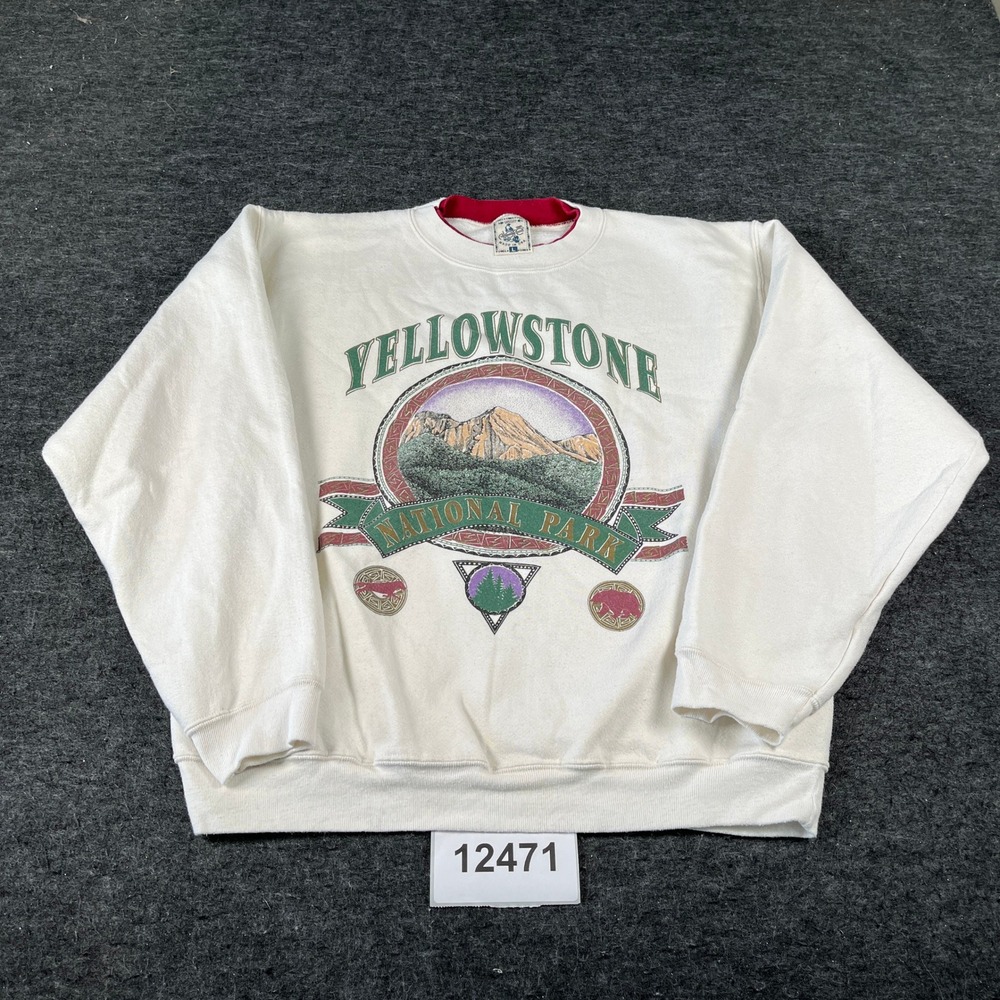 Vintage Alore Sweatshirt Men Large White Yellowstone National Park Graphic Print